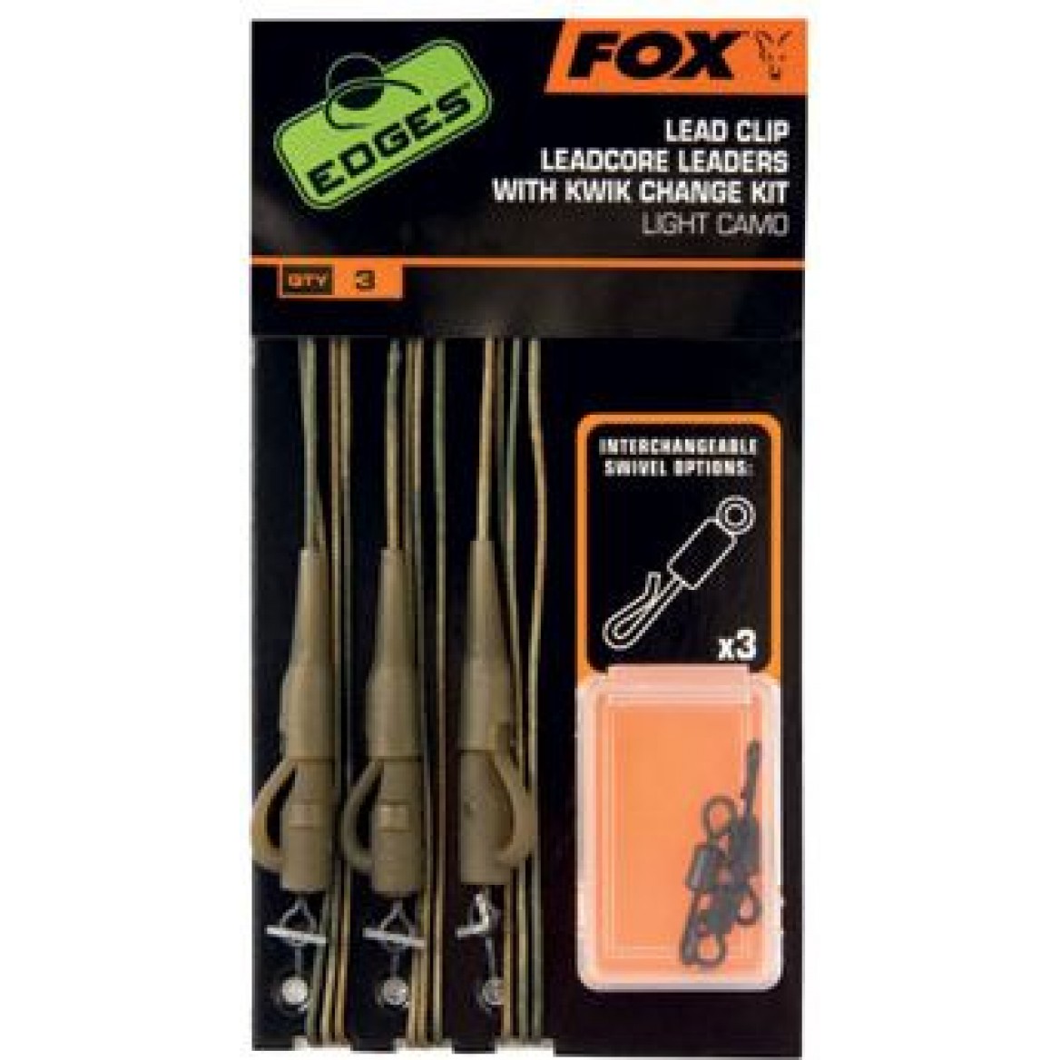KIT FOX Edges LIGHT Camo Leadcore Leadclip Rigs x 3 Kit inc Kwik Change - CAC576 KIT FOX Edges LIGHT Camo Leadcore Leadclip Rigs x 3 Kit inc Kwik Change - CAC576