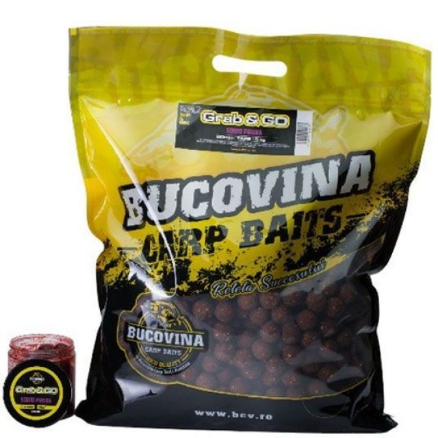 PACHET BOILIES DE NADIT + BOILIES DE CARLIG BUCOVINA BAITS GRAB&GO SQUID PRUNA, 24MM, 5KG + 16-20MM, 150G - BC093